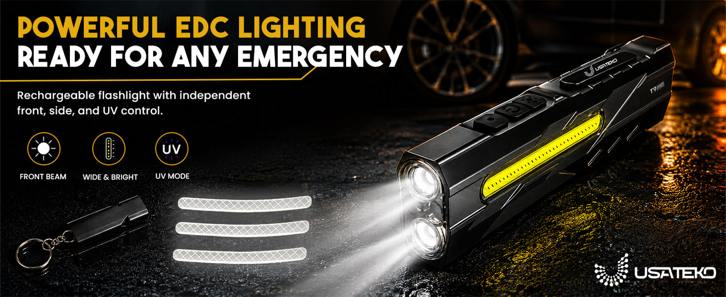 USATEKO T9 Pro Rechargeable Flashlight, 1500 Lumens, 365nm UV, Magnetic Base, IPX6 Compact flat USB-C flashlight with side work light and clip.