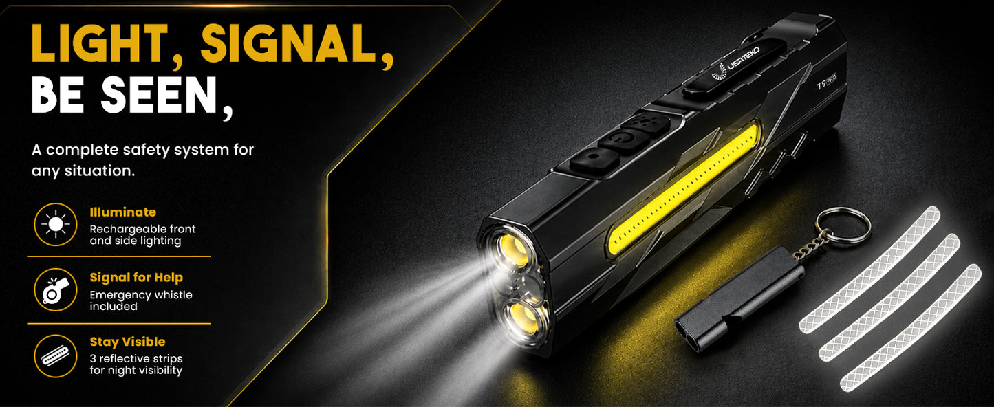 USATEKO T9 Pro Rechargeable Flashlight, 1500 Lumens, 365nm UV, Magnetic Base, IPX6 Compact flat USB-C flashlight with side work light and clip.