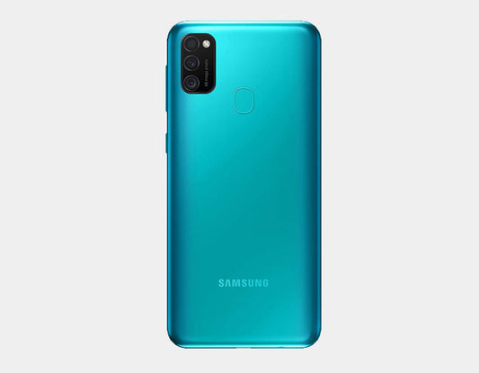 Samsung Galaxy M21 GSM unlocked smartphone in green with dual SIM slots and 64GB storage, shown with the device's front view.