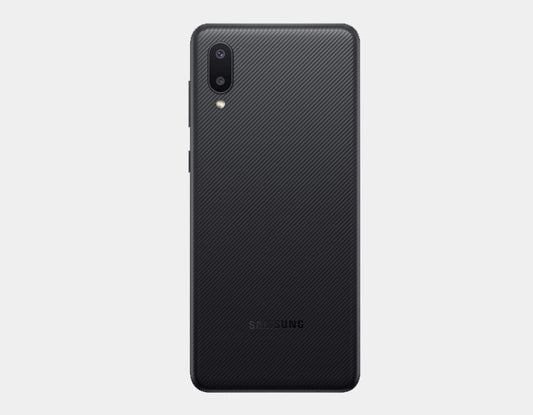 Samsung Galaxy A02 4G GSM unlocked smartphone in black with 6.5-inch display, 64GB storage, and dual SIM capability.