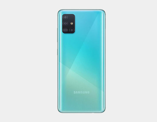 Samsung Galaxy A51 GSM unlocked phone in Prism Crush Blue with 128GB storage and 6GB RAM, front and back view.