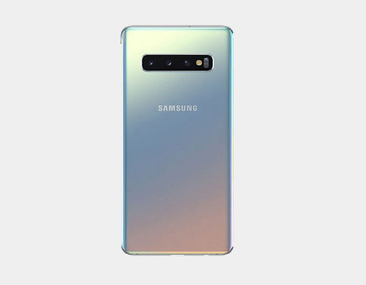 Samsung Galaxy S10 SM-G973F/DS smartphone in Prism Silver with 128GB storage and dual SIM, factory unlocked, front and back view.